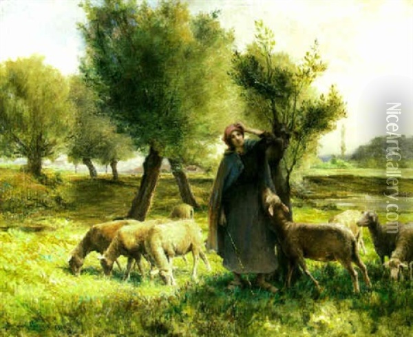 Tending Her Flock Oil Painting - Georges Laugee