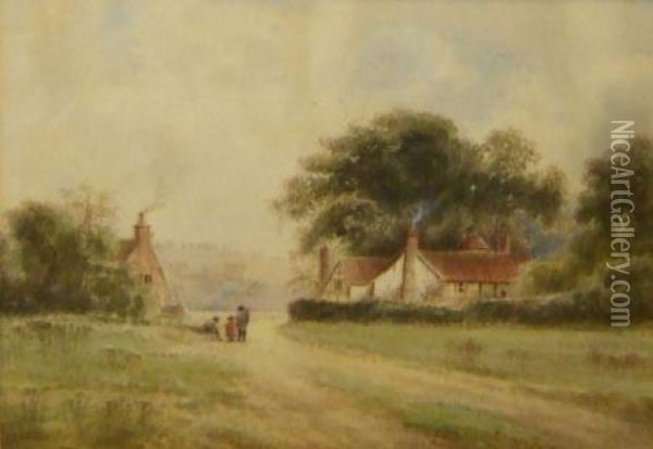 Figures In A Country Lane With Cottages Oil Painting - Edward Burgess Butler