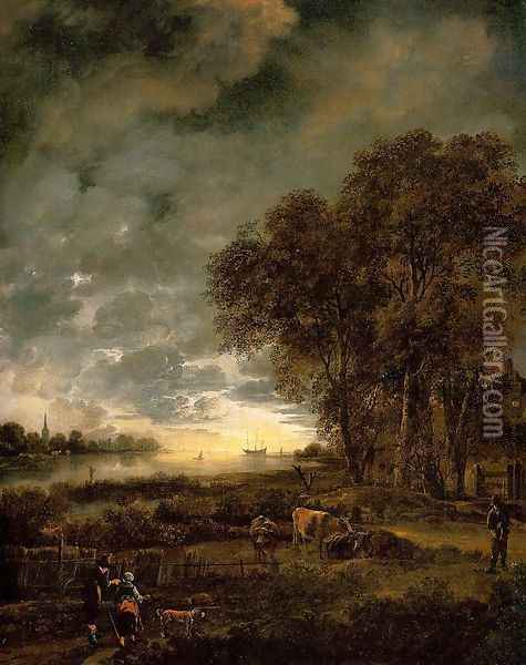 A Landscape with a River at Evening 1650 Oil Painting - Aert van der Neer