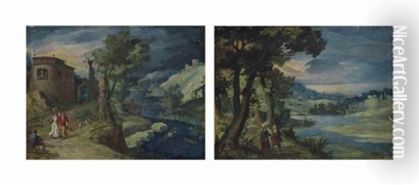 A River Landscape With The Supper At Emmaus; And A River Landscape With The Temptation Of Christ Oil Painting - Paul Bril