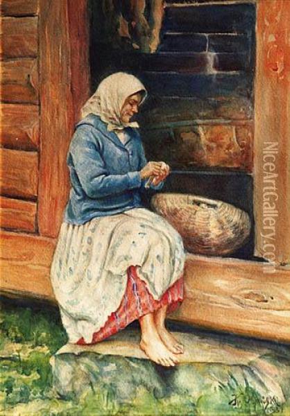 Wiejska Kobieta Na Progu Domu Oil Painting - Jan Kazimierz Olpinski