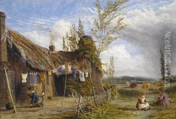 A Rural Cottage With Children And Cattle Oil Painting - Alfred Dawson