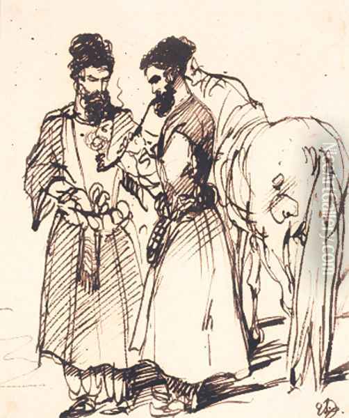 Turkish figures smoking a hookah pipe standing beside a horse Oil Painting - Sir Edwin Henry Landseer