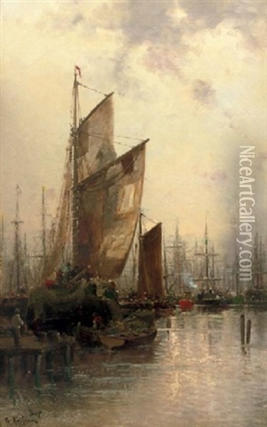 Havre - A Busy Harbour Oil Painting - Adolf Kaufmann