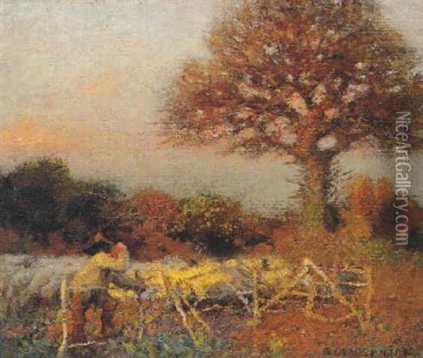 A Sheepfold, Early Morning Oil Painting - Sir George Clausen