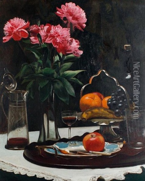 Still Life Of Flowers, Fruit And Claret Oil Painting - Harold H. Piffard