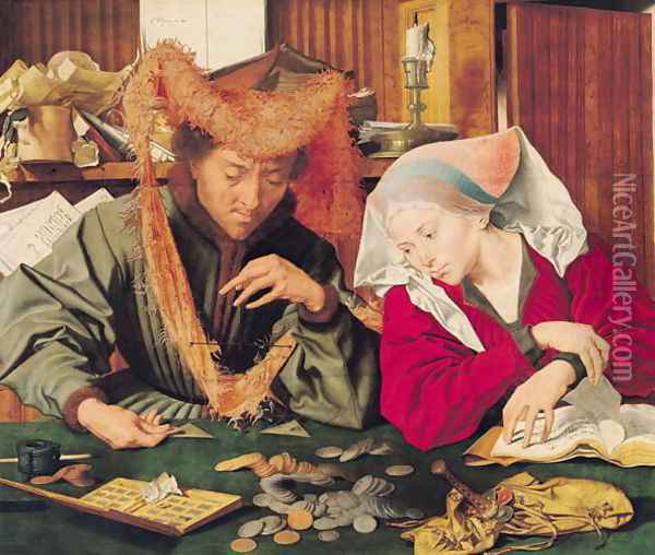 The Money Changer and his Wife, 1539 Oil Painting - Marinus van Roejmerswaelen