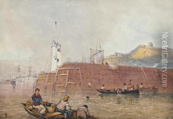 Fishermen In Boats At The Entrance To The Harbour At Scarborough Oil Painting - William Roxby Beverley