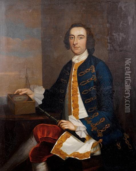 Portrait Of Admiral Sir Hugh Palliser,three-quarter-length, Holding A Telescope And Seated Before An Openwindow, A View To Shipping Beyond Oil Painting - George Knapton