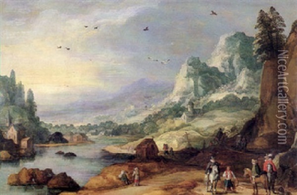 An Extensive Hilly River Landscape With Travellers On A     Road Oil Painting - Joos de Momper the Younger