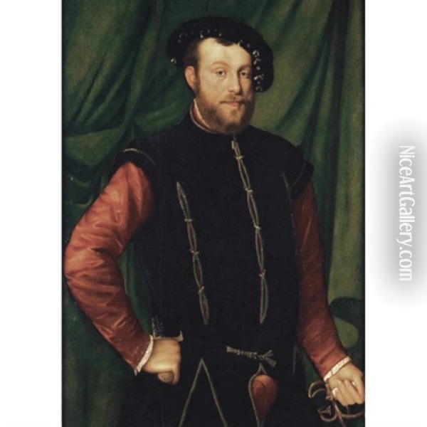 Portrait Of A Gentleman, Three-quarter Length, Wearing A Black Cap, A Black-slashed Singlet Over A Red Shirt, Holding A Sword And A Dagger And Standing Before A Green Curtain Oil Painting - Jan Stephan von (Calcker) Calcar