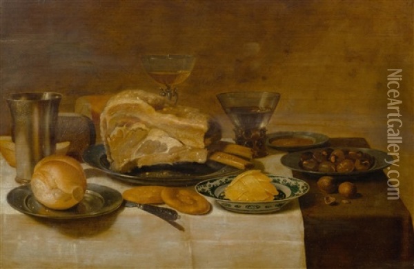 Still Life With Ham, Bread, Butter, Porcelain And Glass Ware And Pewter Plate Oil Painting - Floris Gerritsz. van Schooten