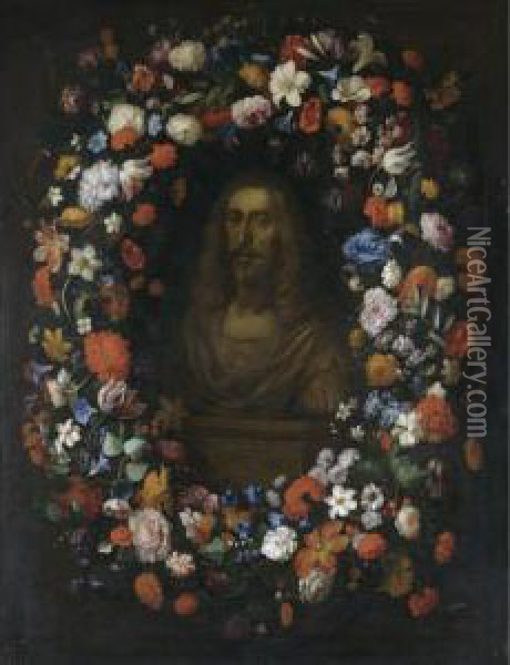 A Stone Bust Portrait Of Erzherzog Leopold Wilhelm Of Austria(1614-1662), Surrounded By A Garland Of Flowers, Including Tulips, Roses, Snowballs, Morning Glory And Lilies Oil Painting - Pieter Thijs