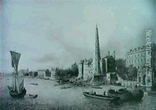 A View Of The Thames Near York Buildings Showing The Shot   Tower And Westminster Abbey Beyond Oil Painting - John Paul