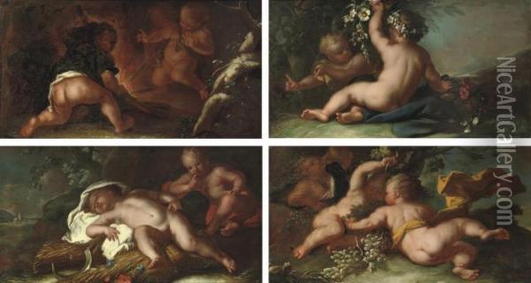 Putti Warming Themselves By A Fire Oil Painting - Jacob de Wit