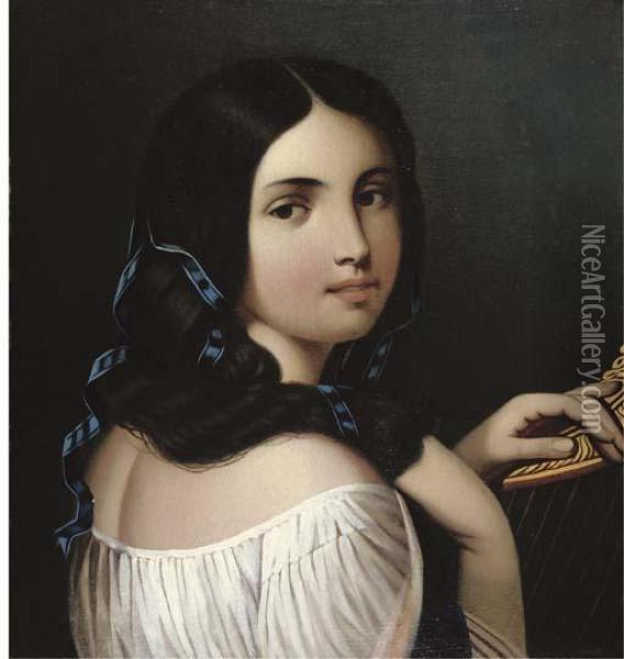 A Young Beauty At Her Harp Oil Painting - Aleksei Vasil'Evich Tyranov