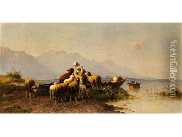 Junge Hirtin Im Kahn Am Ufer Eines Oberbayerischen Bergsees (chiemsee) Oil Painting - Christian Friedrich Mali