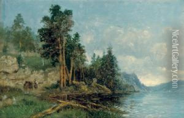 A Figure On The Banks Of A Norwegian Fjord Oil Painting - Hans Fredrik Gude