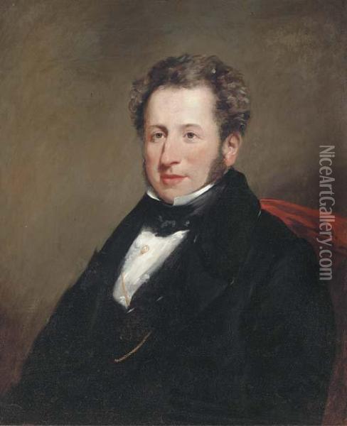 Portrait Of A Gentleman, Seated Half-length, In A Black Coat Andblack Tie Oil Painting - Josiah Gilbert