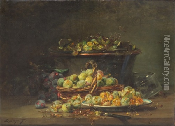A Still Life With Plums In Baskets And On Plates Oil Painting - Denis Pierre Bergeret