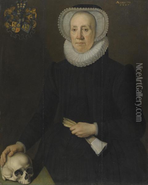 Portrait Of An Elderly Lady Of The Van Heemstra Family Of Friesland, Holding A Pair Of Gloves And With Her Right Hand Resting On A Skull Oil Painting - Willem Key