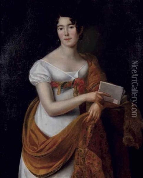 Portrait De Femme A La Robe Blanche Et A L'etole Orange Oil Painting - Henri Francois Riesener