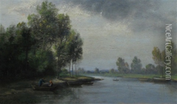 A River Scene (+ Cattle In A Landscape; 2 Works) Oil Painting - Jules Charles Rozier