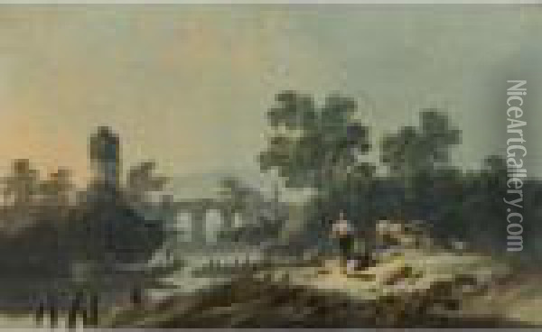 Rocky Landscape At Dawn Oil Painting - Jean-Baptiste Pillement