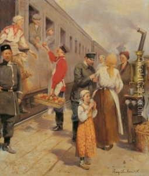 Auf Einem Russischen Bahnhof. Oil Painting - Nikolai Petrovich Bogdanov-Belsky