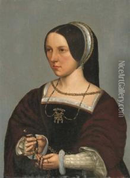 Portrait Of Elisabeth Donche, 
Half-length, In A Brown Velvet Dress With Fur Sleeves, A Rosary In Her 
Hands Oil Painting - Ambrosius Benson