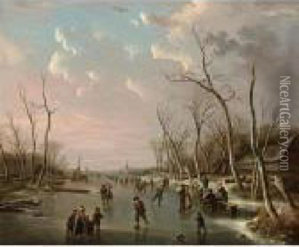 An Extensive Winter Landscape With Skaters On A Frozen River, A View Of A Town Beyond Oil Painting - Andries Vermeulen