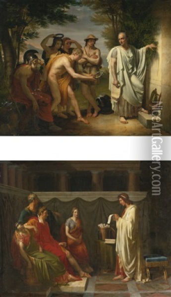 Horace Au Tombeau De Virgile And Virgile Lisant Son Eneide Devant Auguste: Two Works Oil Painting - Jean Bruno Gassies