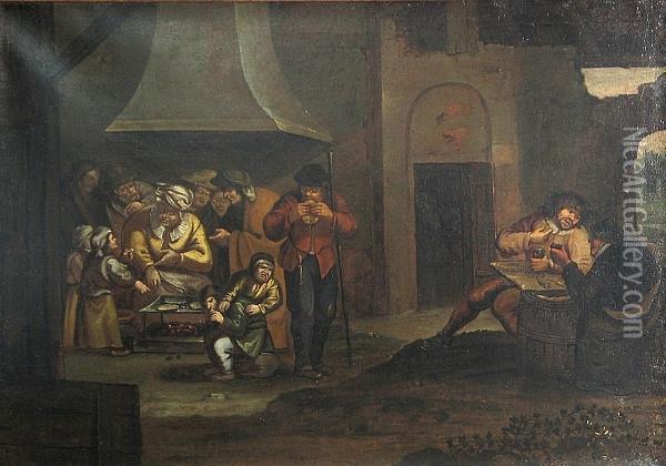 A Woman Selling Pancakes In A Tavern Interior Oil Painting - Adriaen Jansz. Van Ostade