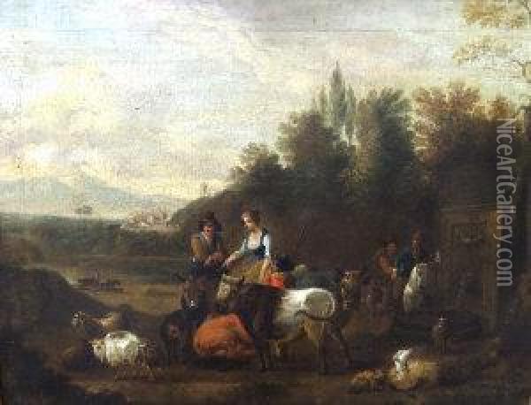 Shepherdess And Cow Herders Oil Painting - Pieter Wouwermans or Wouwerman