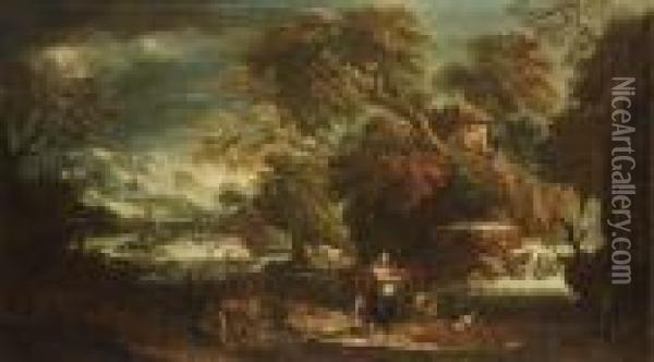 Paesaggio Lacustre Con Cascatelle Oil Painting - Gaspare Diziani