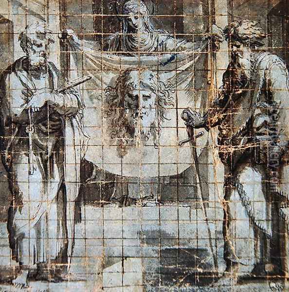St. Veronica with SS. Peter and Paul Oil Painting - Perino del Vaga (Pietro Bonaccors)