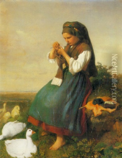 Girl Crocheting Oil Painting - Friedrich Bischoff