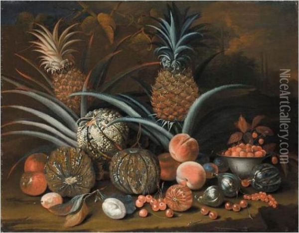 Still Life Of Pineapples, Melons, Peaches, Strawberries, Cherries And Other Fruit Oil Painting - William Sartorius