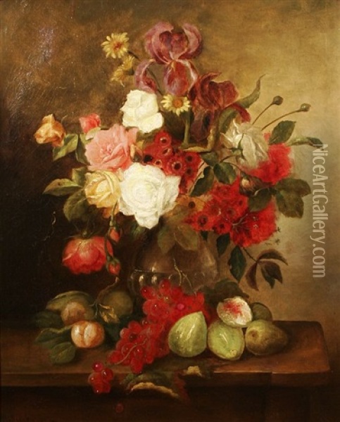 Still Life With Flowers And Fruit Oil Painting - Enrico Hohenberger