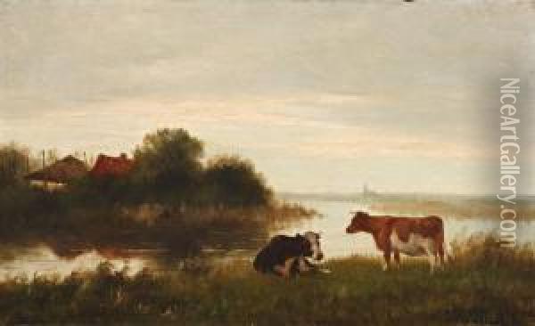 Polderlandschap Met Koeien Aan De Waterkant Oil Painting - Cornelis I Westerbeek