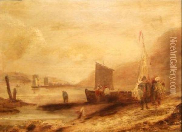 Coastal Scene With Figures And Boat By The Shore Oil Painting - Thomas Luny