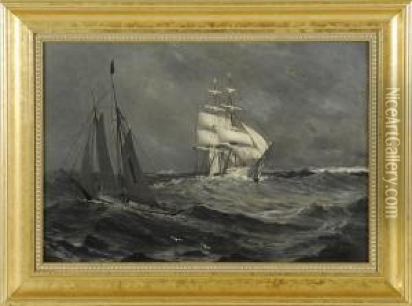Two Passing Sailing Ships Oil Painting - Parker S. Perkins