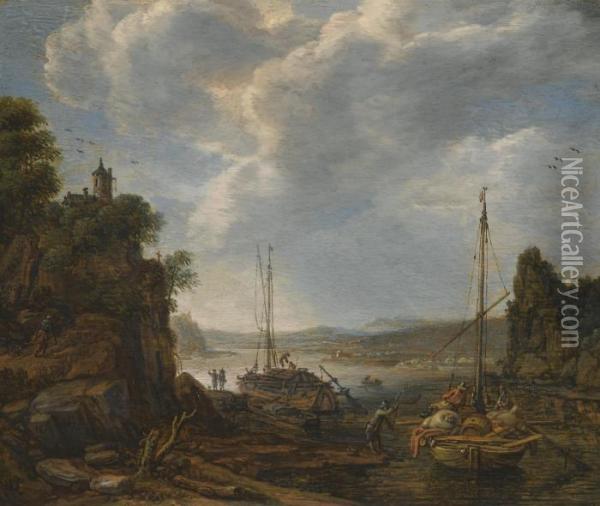 River Landscape With Boats Moored At A Quayside Oil Painting - Herman Saftleven