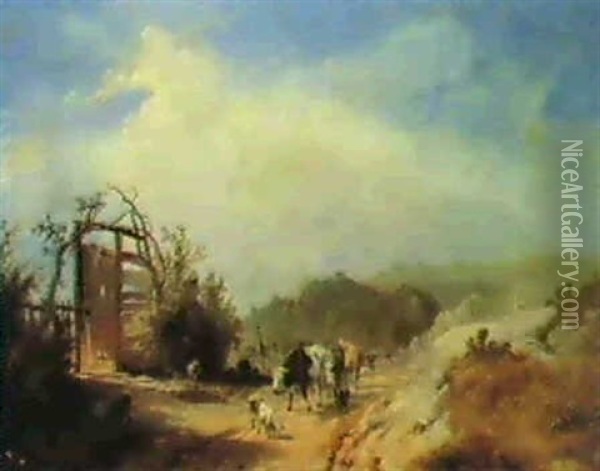 A Wooded Landscape, With A Drover, Cattle And Goats On A Path, A Castle And Church On Hills Beyond Oil Painting - James Baker Pyne