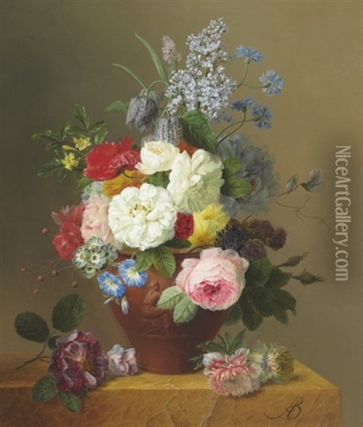 Roses, Poppies, Cornflowers, Convulvulus, Jasmine, Fritilleries, A Primula, A Peony, And Lilac In A Terracotta Vase With A Sprig Of Roses And Other Flowers On A Stone Ledge Oil Painting - Arnoldus Bloemers