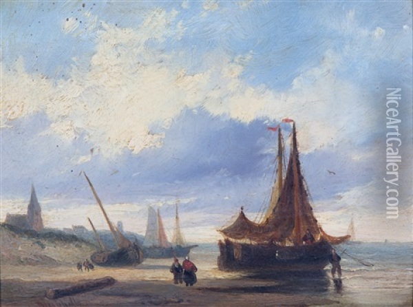 Fishermen And Boats At The Beach Oil Painting - Christiaan Lodewijk Willem Dreibholtz