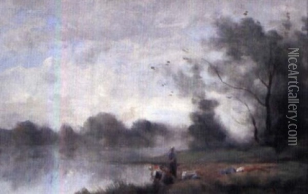 Paysage De Bord De L'eau Avec Lavandieres Oil Painting - Gustave Maincent