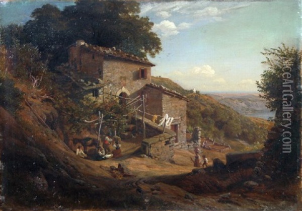 Italienische Landschaft Mit Bauernhaus Oil Painting - Carl Wilhelm Mueller