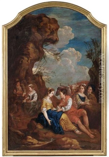 Pastorales Idyll Mit Drei Paaren In Arkadischer Landschaft Oil Painting - Jean Baptiste Huet