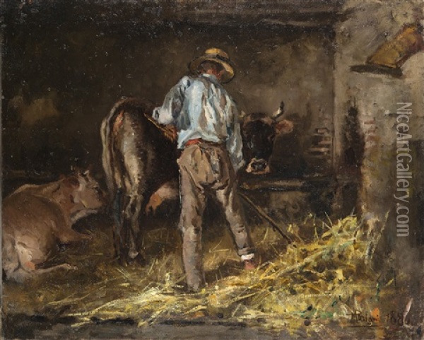 Nella Stalla Oil Painting - Pompeo Mariani